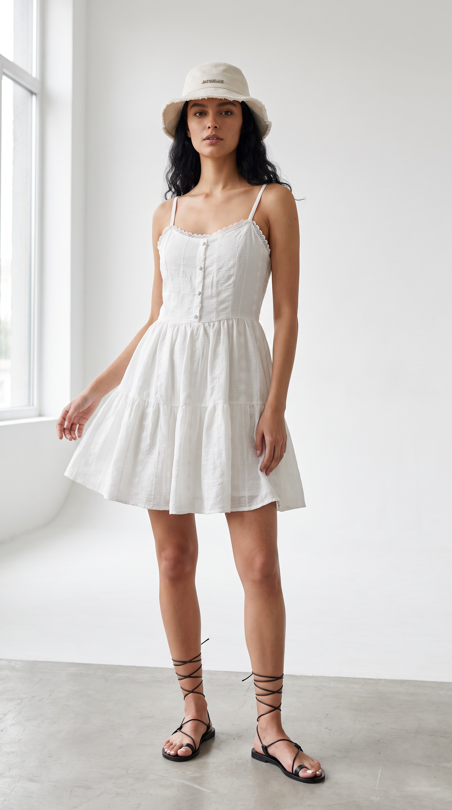 Women's White Cotton Tiered Mini Dress with Lace Trim