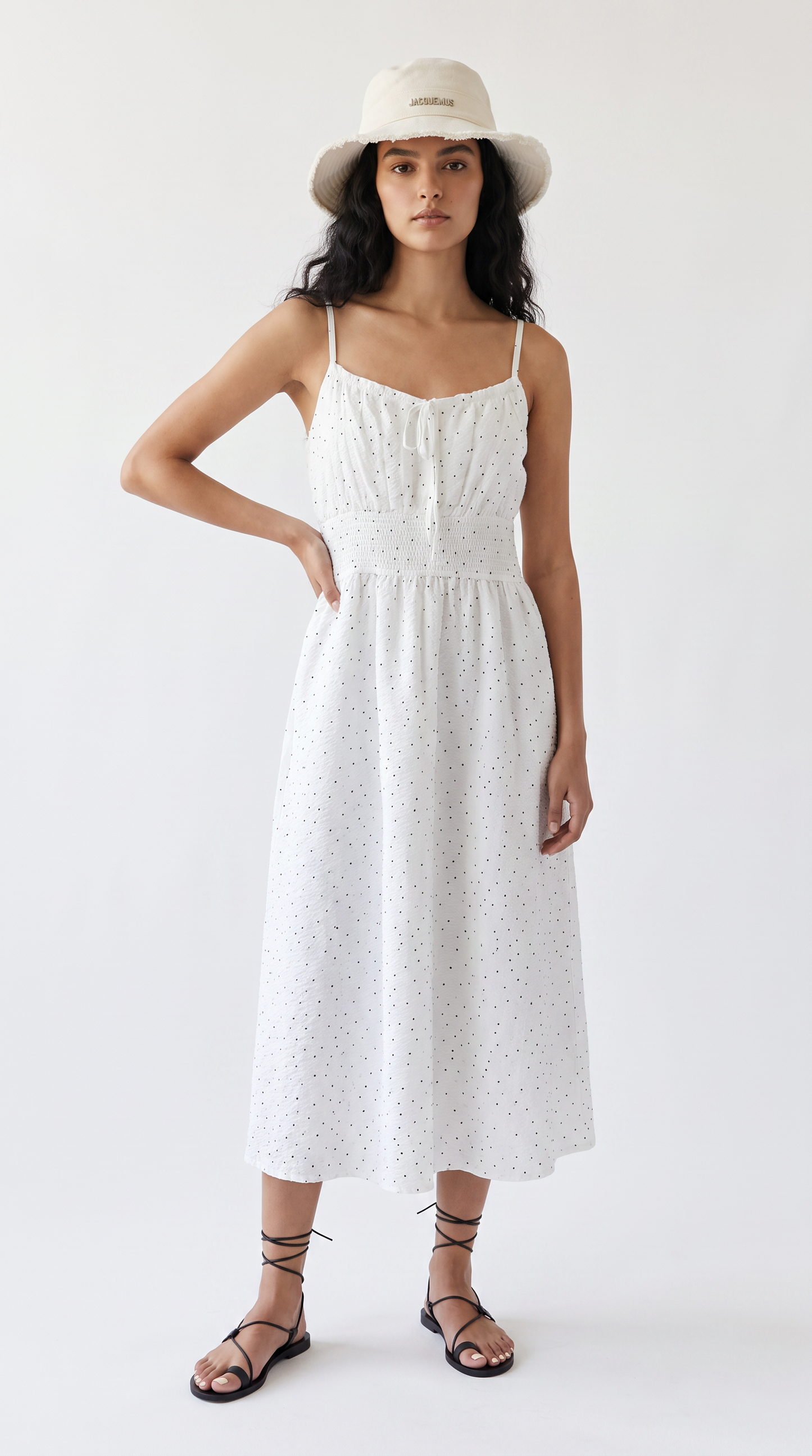 Elegant White Polka Dot Summer Strap Dress