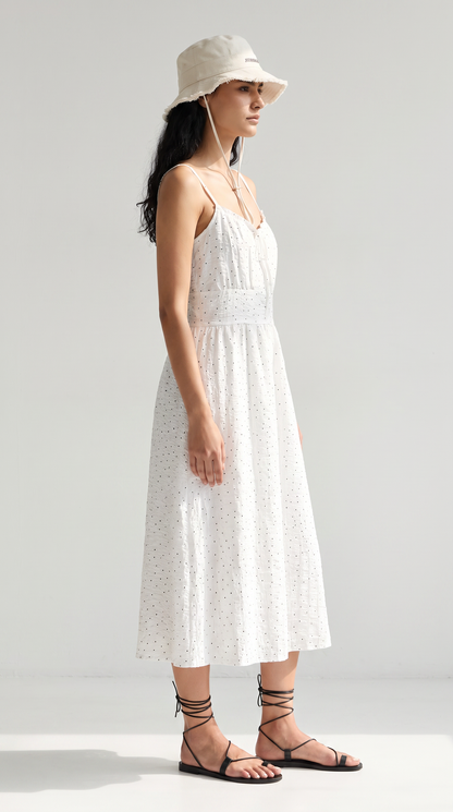 Elegant White Polka Dot Summer Strap Dress