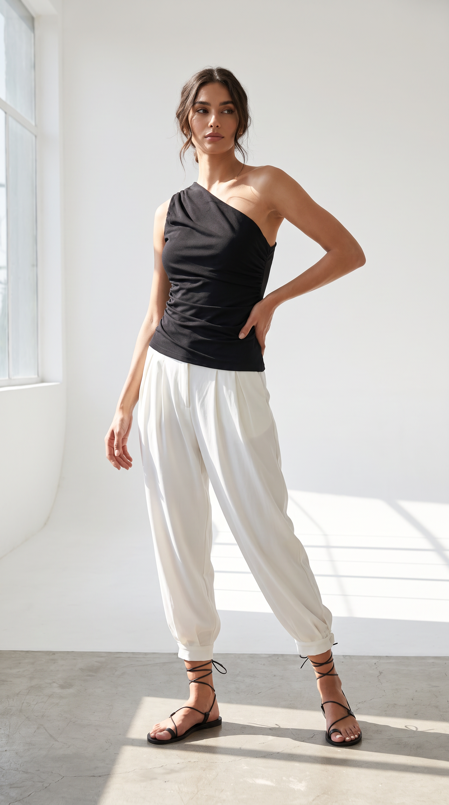Black Top & White Trousers Set