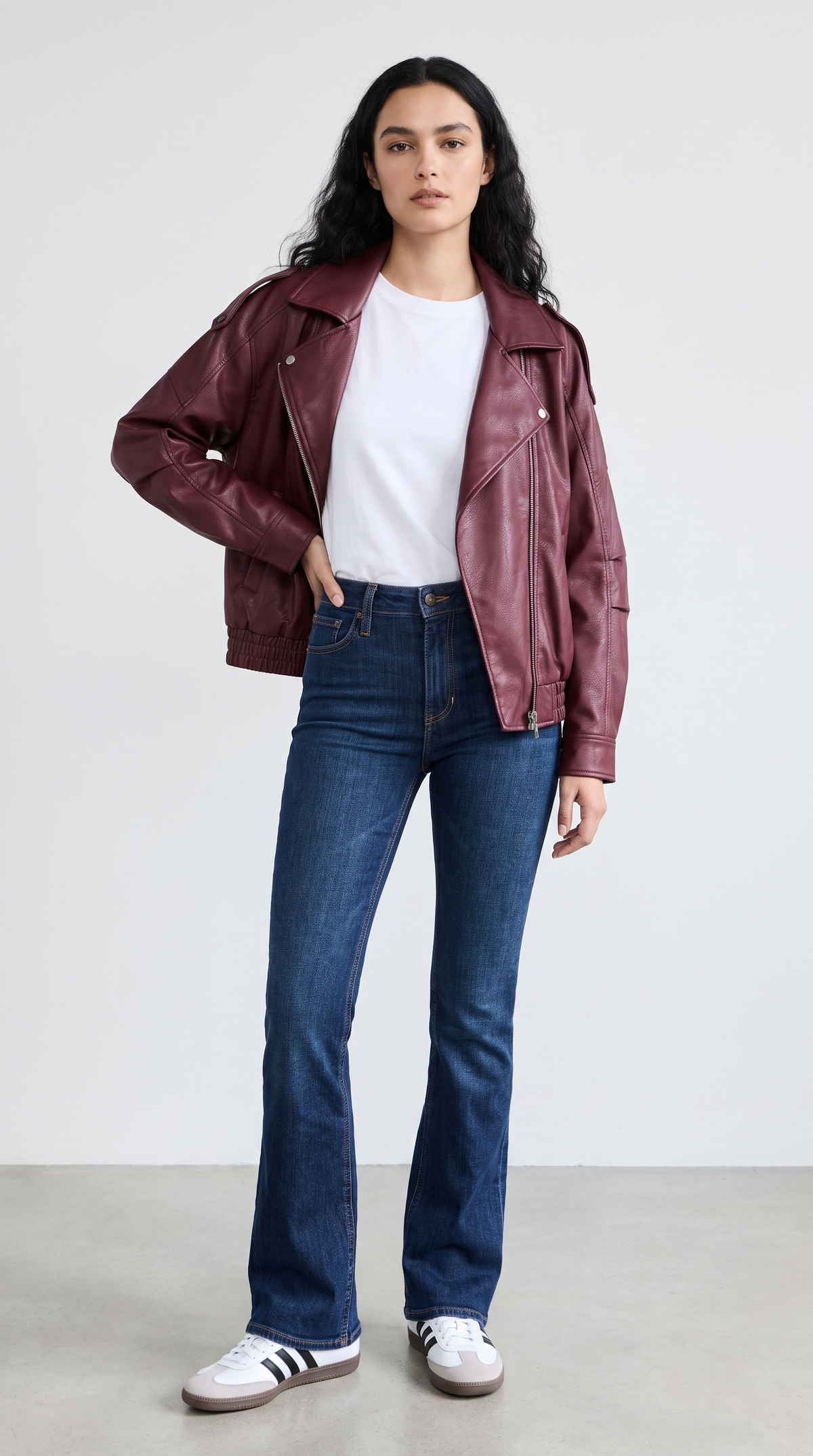 ქალის ბორდოსფერი ტყავის  ქურთუკი (Moto Jacket)