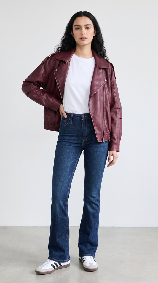 ქალის ბორდოსფერი ტყავის  ქურთუკი (Moto Jacket)