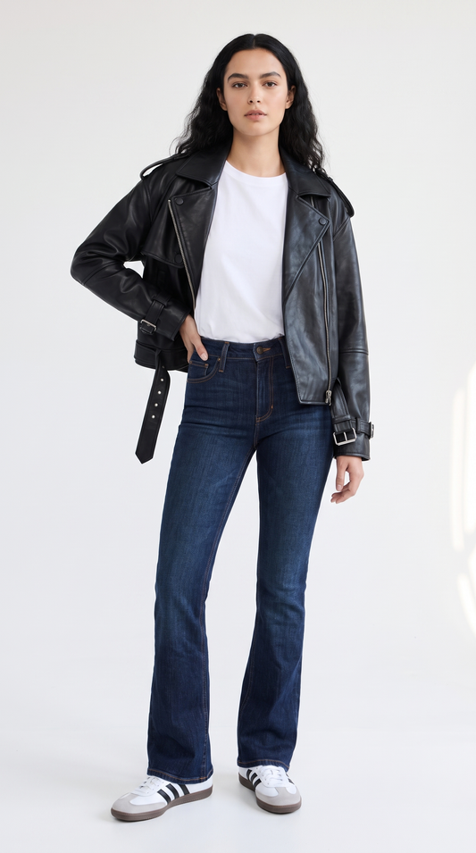 ქალის კლასიკური შავი ტყავის ქურთუკი (Moto Jacket)